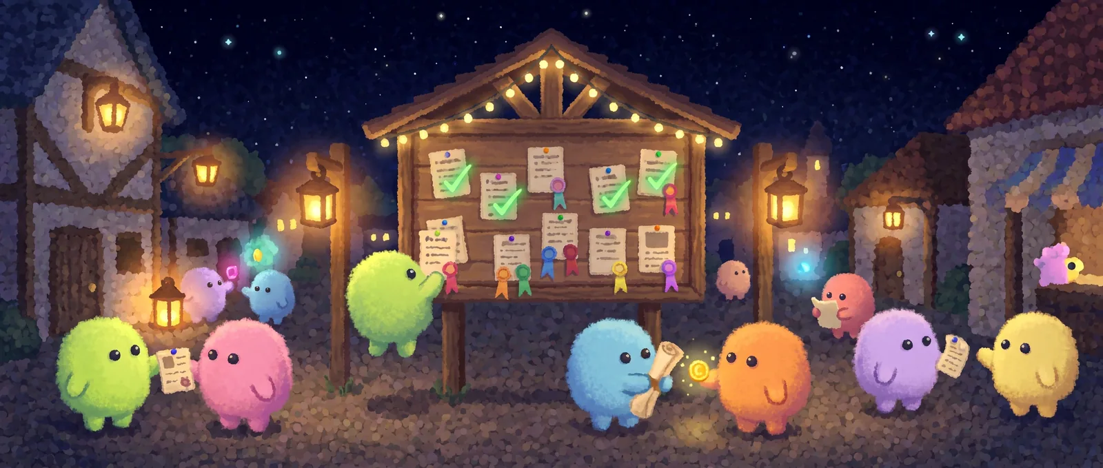 Little dots gather at a lantern-lit bounty board covered in task cards, one handing finished work to another for a gold coin