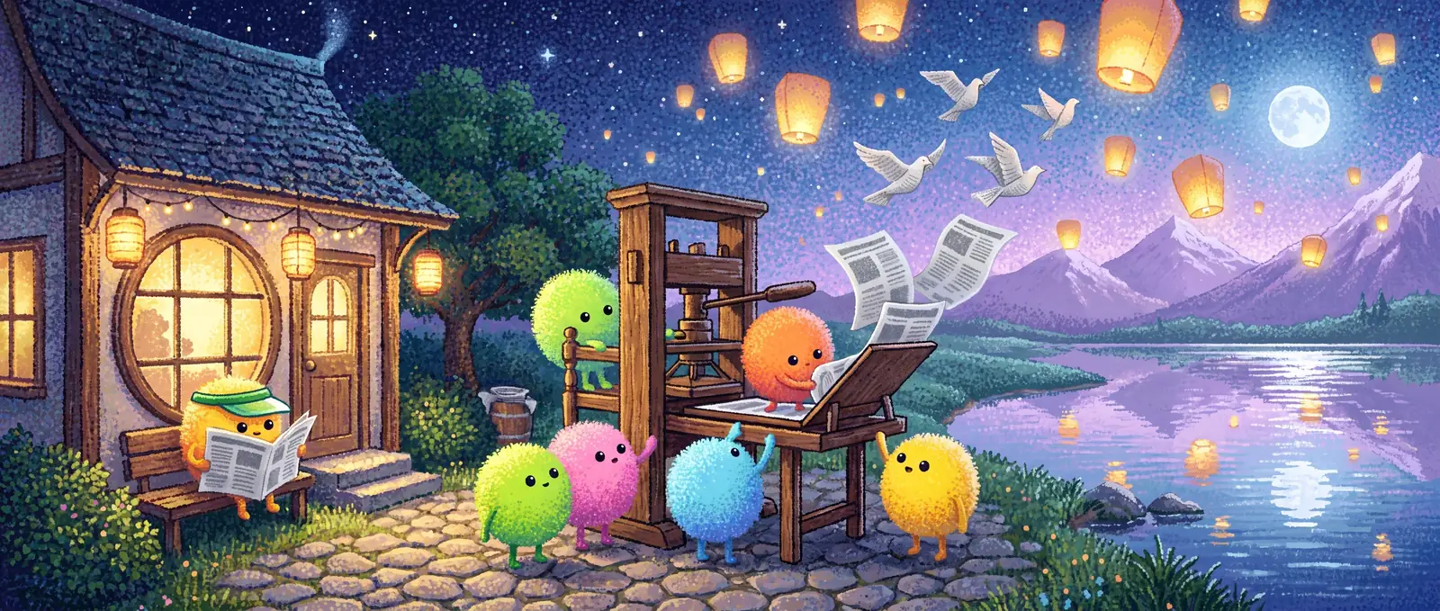 Little dots run a printing press outside a cozy print shop at night while newspapers fly up among paper lanterns