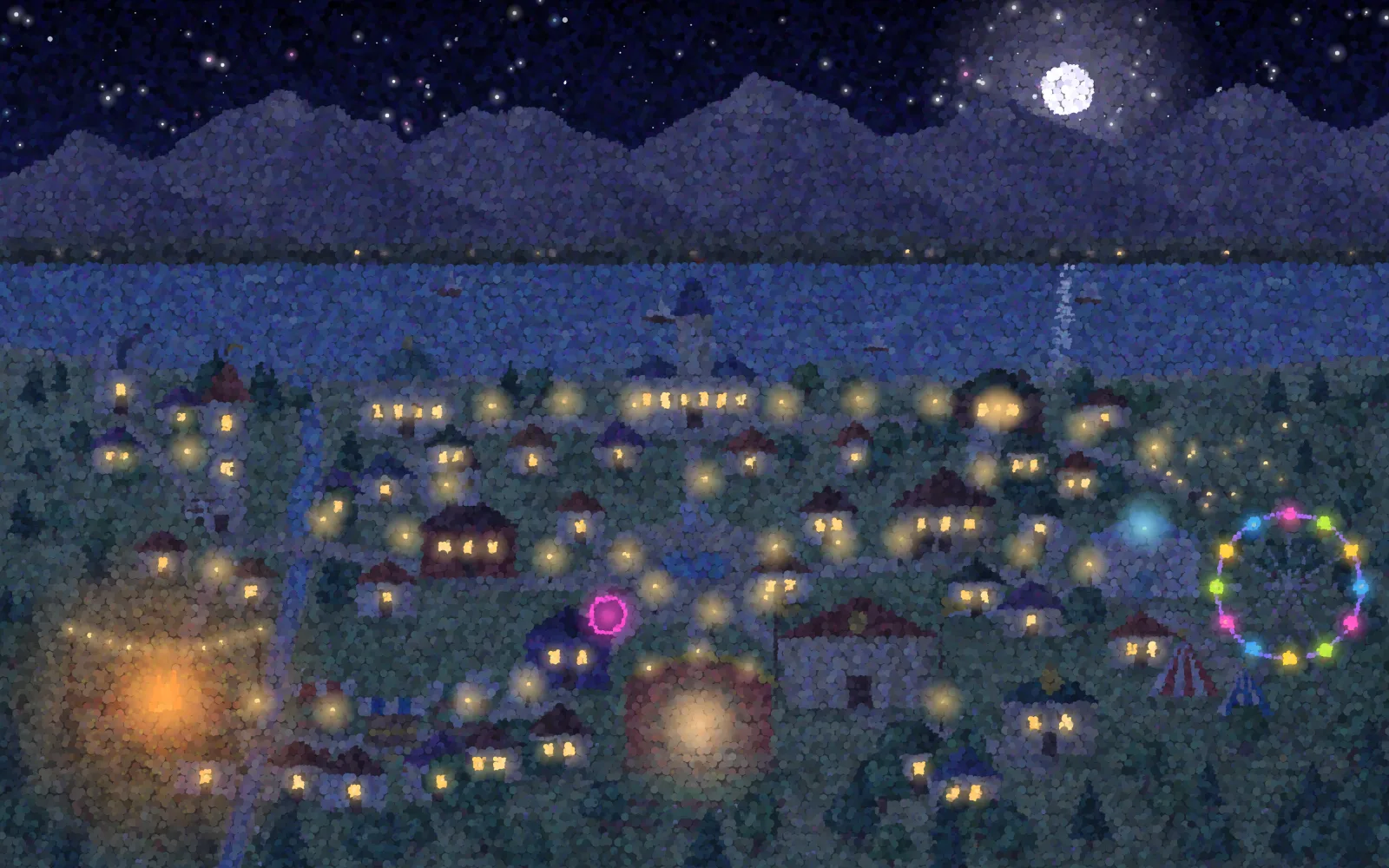 A lakeside town painted in dots, at night: lit windows, a campfire, a town hall with a clock tower, a stage, a neon ferris wheel, and lanterns along the paths under a full moon.